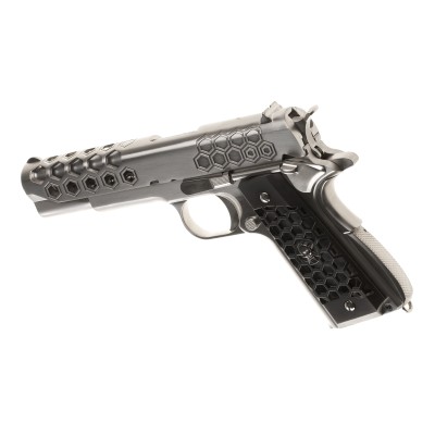 Pistola Airsoft GBB WE M1911 Hex Cut Full Metal Prateada - fotografia 2