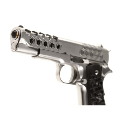 Pistola Airsoft GBB WE M1911 Hex Cut Full Metal Prateada - fotografia 4