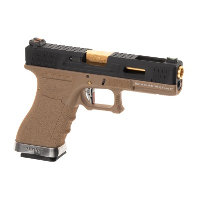 WE G-Force 17 BK Gold Barrel Metal Version GBB Desert Airsoft Pistol - product view