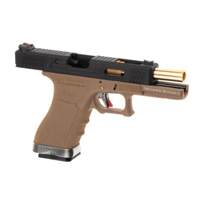 Pistola Airsoft GBB WE G-Force 17 BK Gold Barrel Metal Version Desert - fotografia 3