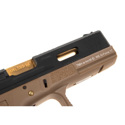 Pistola Airsoft GBB WE G-Force 17 BK Gold Barrel Metal Version Desert - fotografia 5