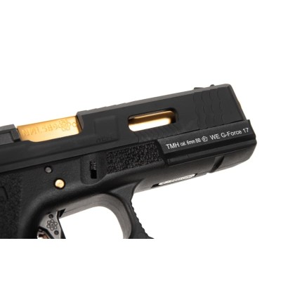 Pistola Airsoft GBB WE G-Force 17 BK Gold Barrel Metal Version Preta - fotografia 5